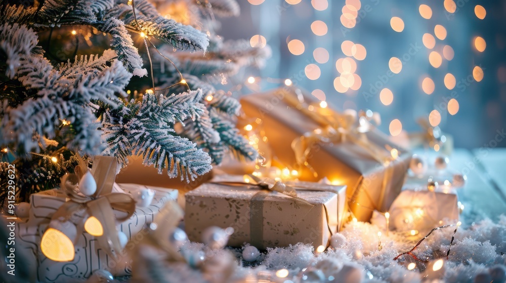 Aufkleber A close-up image of a decorated Christmas tree with presents wrapped in brown paper and tied with a ribbon under its branches. The presents are surrounded by white snow, and a string of lights adds a 