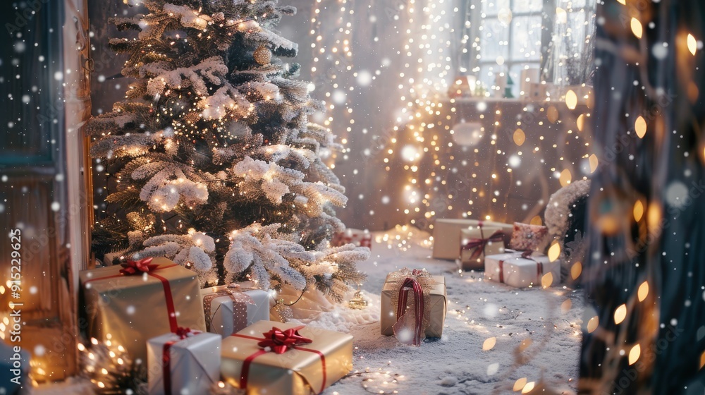 Aufkleber a decorated christmas tree with lights and ornaments is in the center of a room, with gifts wrapped 