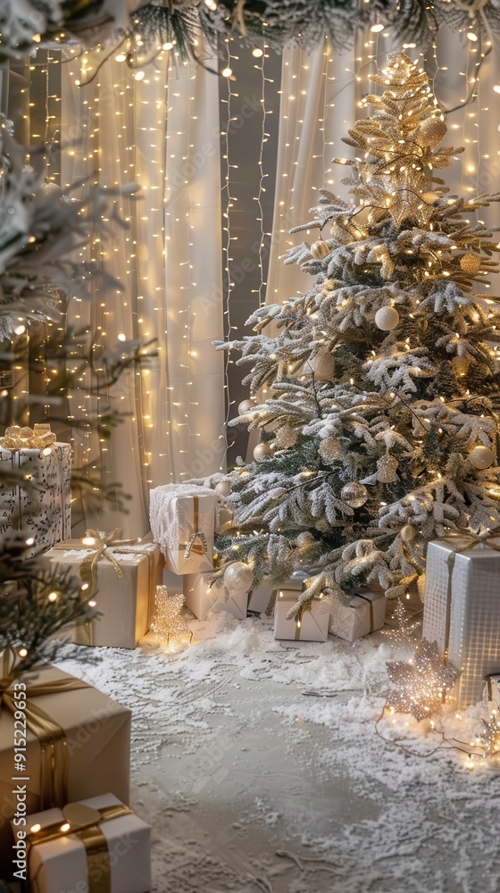 Poster a decorated christmas tree with twinkling fairy lights stands in a snowy setting, surrounded by wrap