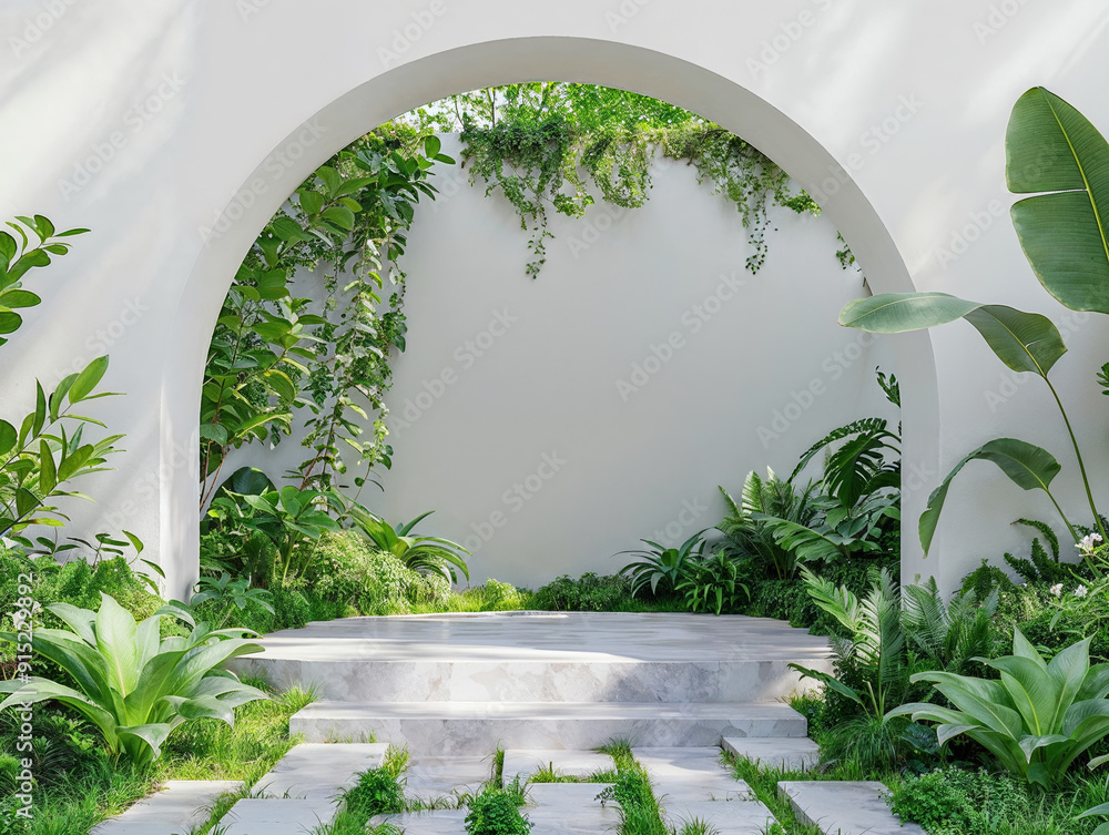Poster empty marble podium displaying lush greenery through arched frame