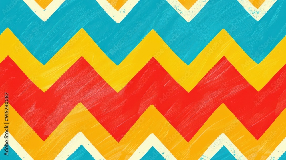 Aufkleber A digital illustration of a repeating pattern of colorful zigzags. The pattern features alternating stripes of red, yellow, blue, and white. The colors are bright and vibrant, and the pattern is simpl