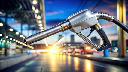 Obraz premium A shiny metal gas pump nozzle is suspended in mid-air, its hose curled around it, against a blurred background of a busy fueling station.