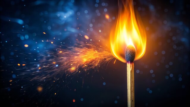 A single matchstick sparks to life, casting a warm glow as the flame grows, symbolizing inspiration, passion, and new beginnings on a dark background.
