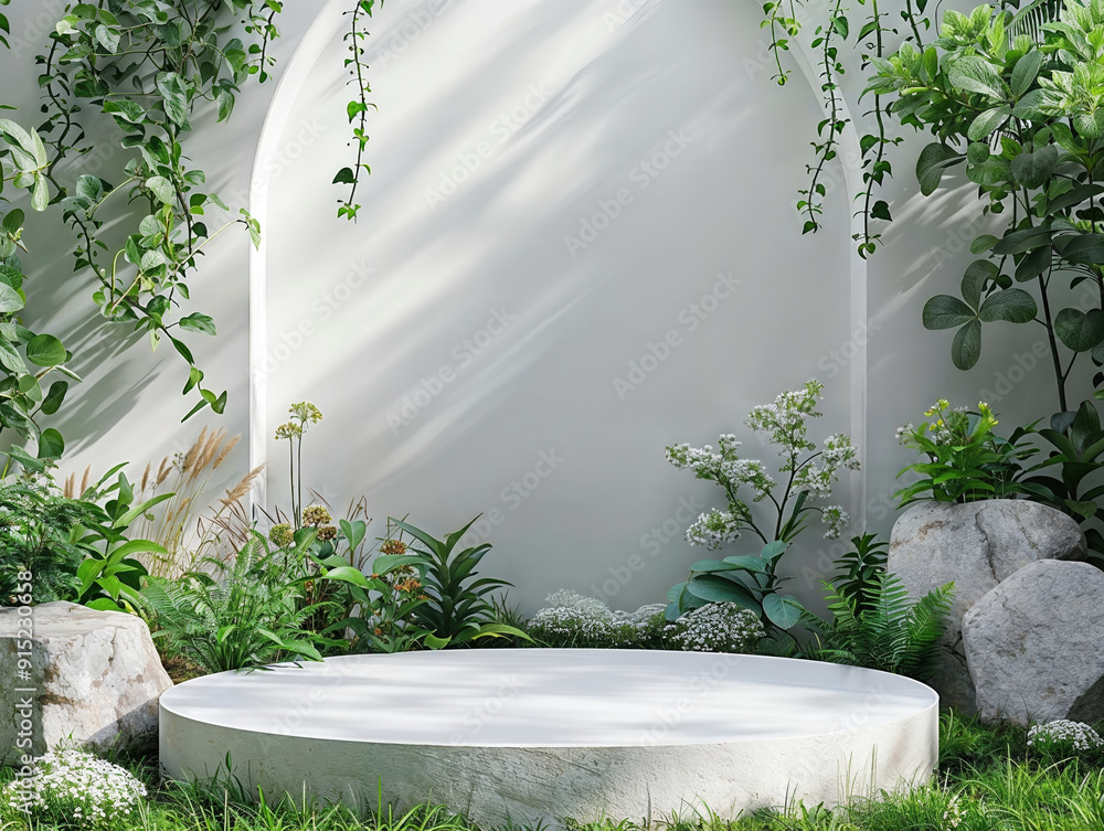 Aufkleber empty round platform surrounded by lush greenery displaying cosmetic product
