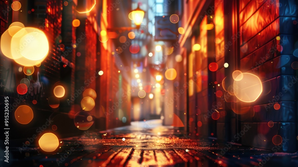 Poster the image shows a narrow alleyway at night, lit by a string of blurry lights. the wet pavement refle