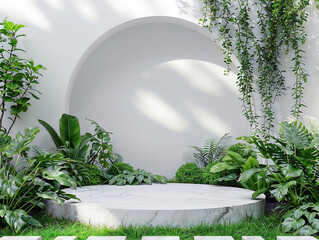 Empty marble podium surrounded by lush green plants for product placement