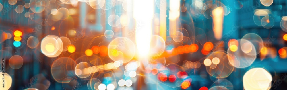 Poster the image shows a blurry cityscape at night with colorful bokeh circles of light. the scene is vibra
