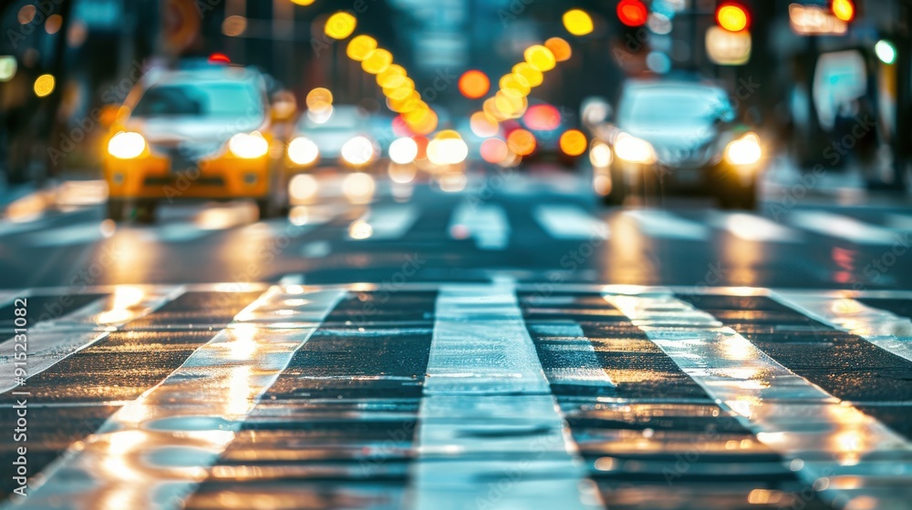 Poster a close-up view of a wet crosswalk at night with blurred traffic in the background. the crosswalk is
