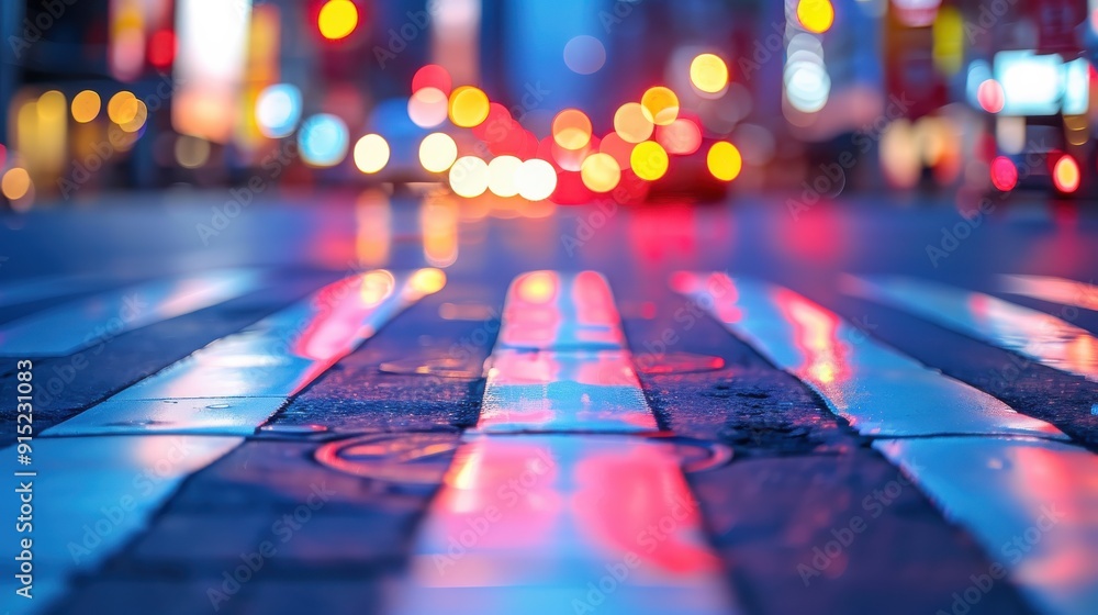Aufkleber a close-up shot of a wet city street at night. the pavement is reflecting the colorful lights from t