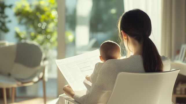 A mother reading a newspaper while holding her baby in a sunlit living room - Powered by Adobe