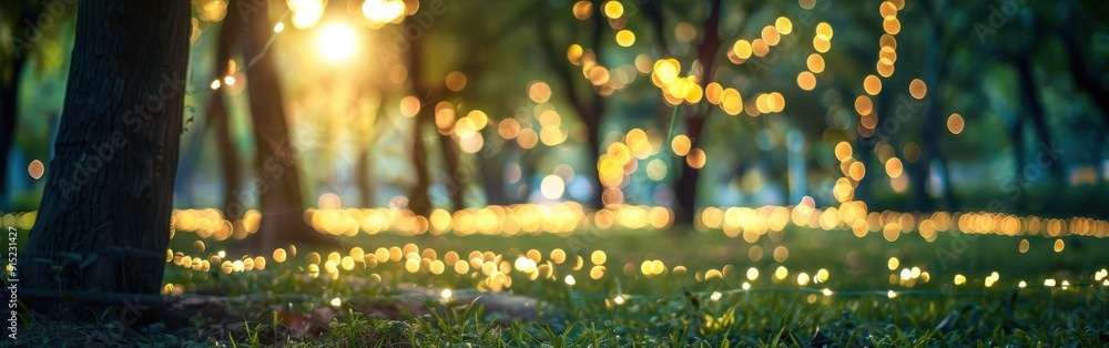 Poster the image shows a blurry view of a forest at sunset, with golden lights strung among the trees. the 