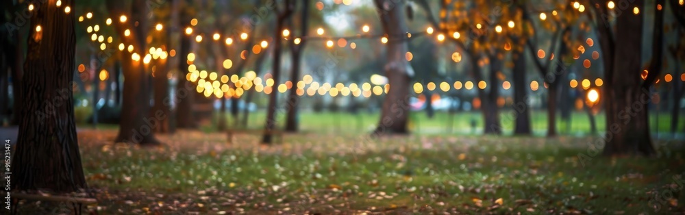 Poster string lights hang between trees in a park, illuminating the green grass and fallen leaves beneath t