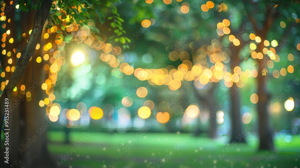Aufkleber A string of fairy lights hangs from a tree branch, the light creating a bokeh effect. The lights are strung between trees in a park, with a blurry green grassy area in the foreground and a soft, warm 