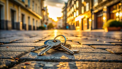 A small, shiny keyring with multiple keys lies abandoned on the worn, cracked pavement of a city street, surrounded by faint shadows and blurred foot traffic.