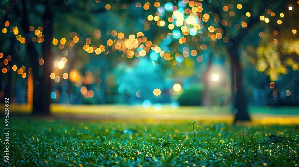 Poster a close-up view of green grass with a blurred background of trees, lights, and other park features. 