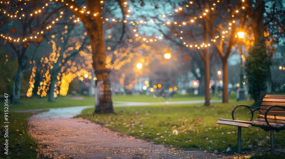 Poster An empty wooden bench sits under string lights strung between trees in a park. The path leading to the bench is paved and lined with fallen leaves. The sun has set, but the park is still lit by the st