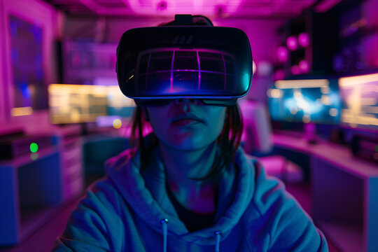 A person immersed in virtual reality, wearing a VR headset in a vividly illuminated room, showcasing advanced technology, interactive experience, and the future of digital entertainment.