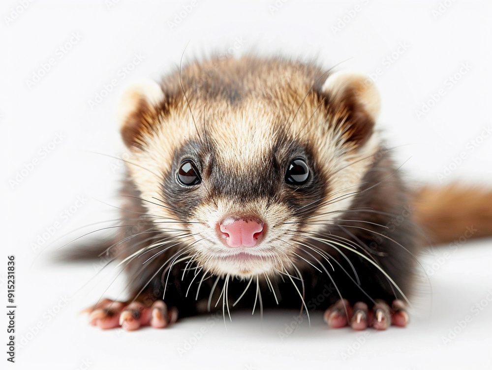 Poster a close-up view of a playful ferret with bright eyes and a curious expression against a white backgr