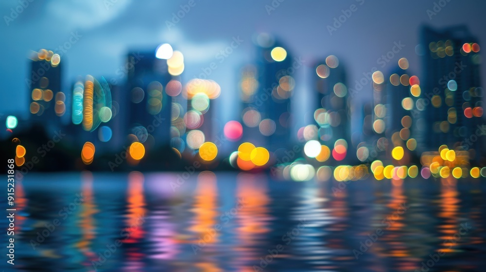 Poster the image depicts an out-of-focus view of a city skyline at dusk, showcasing the twinkling lights of