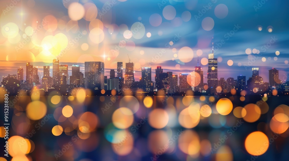 Poster a cityscape silhouetted against a vibrant sunset sky with a foreground of blurred lights creating a 
