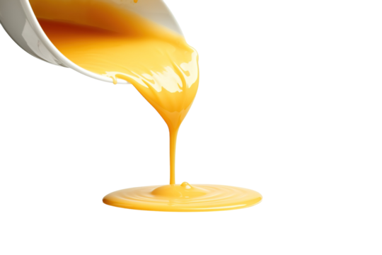 Vibrant Yellow Paint Cascades Gracefully From a Tilted Container Creating Artistic Patterns on a White Surface on Transparent PNG Background.