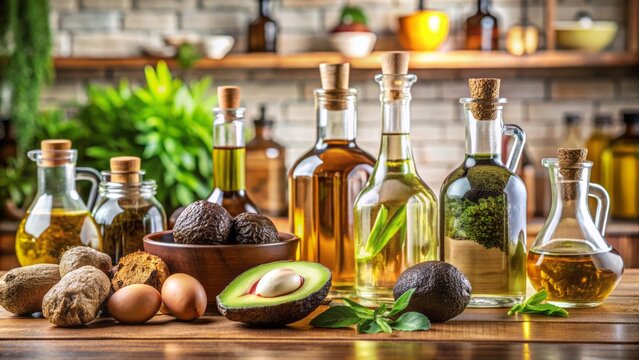 Assorted bottles of gourmet oils and specialty fats, including truffle, avocado, and coconut oil, arranged on a rustic wooden counter against a blurred kitchen background.