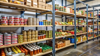 Assorted non-perishable food items, fresh produce, and canned goods overflowing from shelves and boxes in a well-organized food bank storage area awaiting distribution.