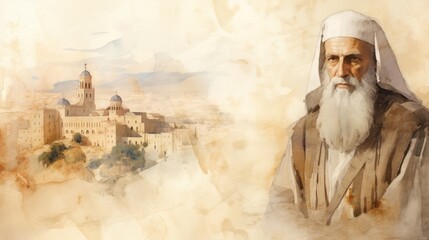 Fototapeta premium Illustration of Reflection of St. Cyril of Jerusalem in Ancient Jerusalem, Biblical Illustration, Beige Background, Copyspace,Christian banner