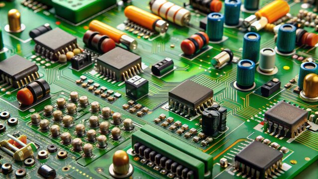 Assorted electronic components, including resistors, capacitors, and microchips, are meticulously arranged on a green printed circuit board, revealing intricate circuitry patterns.