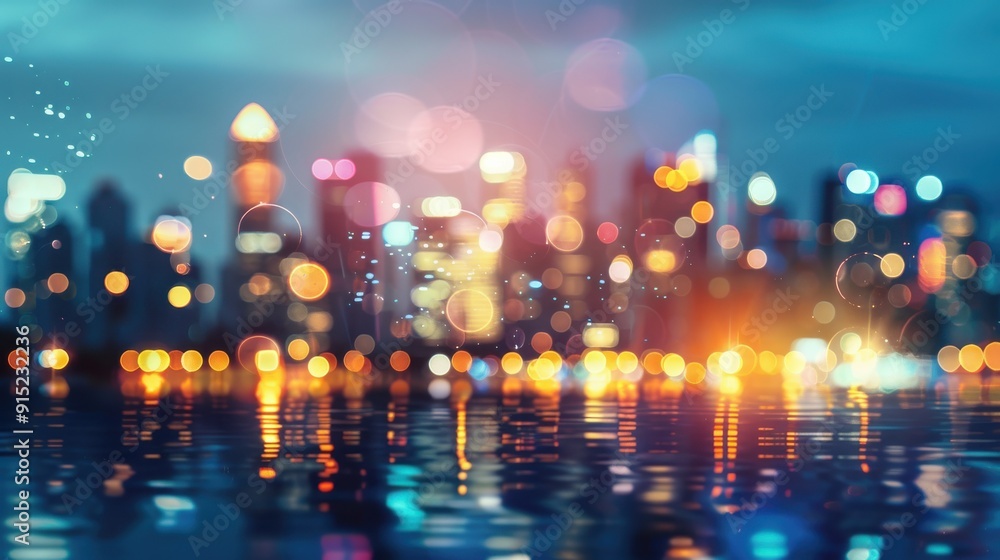 Poster a blurred, bokeh-filled photograph of a city skyline at dusk. the lights of the skyscrapers and buil