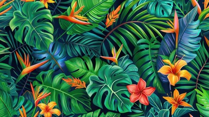 Colorful leaves and exotic flowers fill the canvas, showcasing tropical beauty in a lush green environment