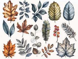 Fototapeta premium Detailed illustrations of various leaves and foliage arranged artistically on a light background