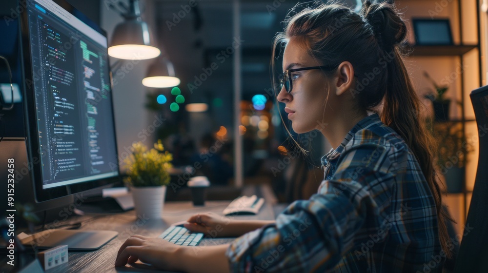 Aufkleber a woman is sitting at a desk with a computer monitor in front of her