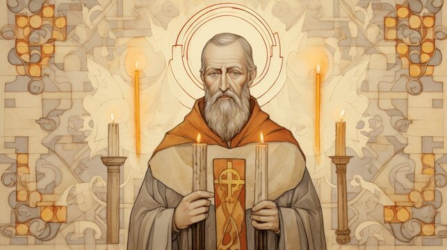 Illustration of Holding Candles, St. Blaise in Medieval Village, Biblical Illustration, Beige Background, Copyspace,Christian banner