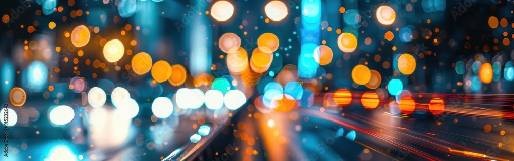 Poster a mesmerizing view of an urban street at night, with blurry lights creating a vibrant bokeh effect. 