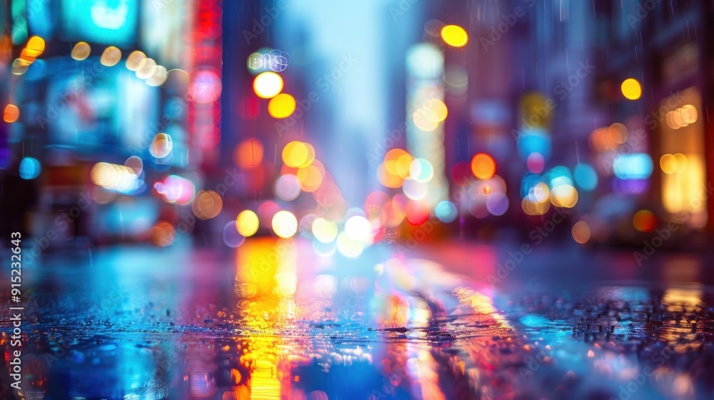 Poster The city lights create a colorful reflection in the wet pavement of a street after a rain shower. The lights are blurred out of focus, adding to the dreamy and mysterious feel of the image.