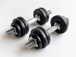 Fototapeta premium Two black adjustable dumbbells placed on a clean surface for a home workout routine