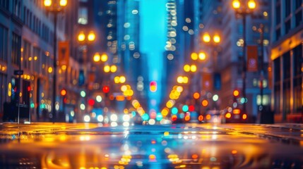 Fototapeta premium A wet city street at night, illuminated by glowing streetlights and traffic lights reflecting in puddles on the pavement.
