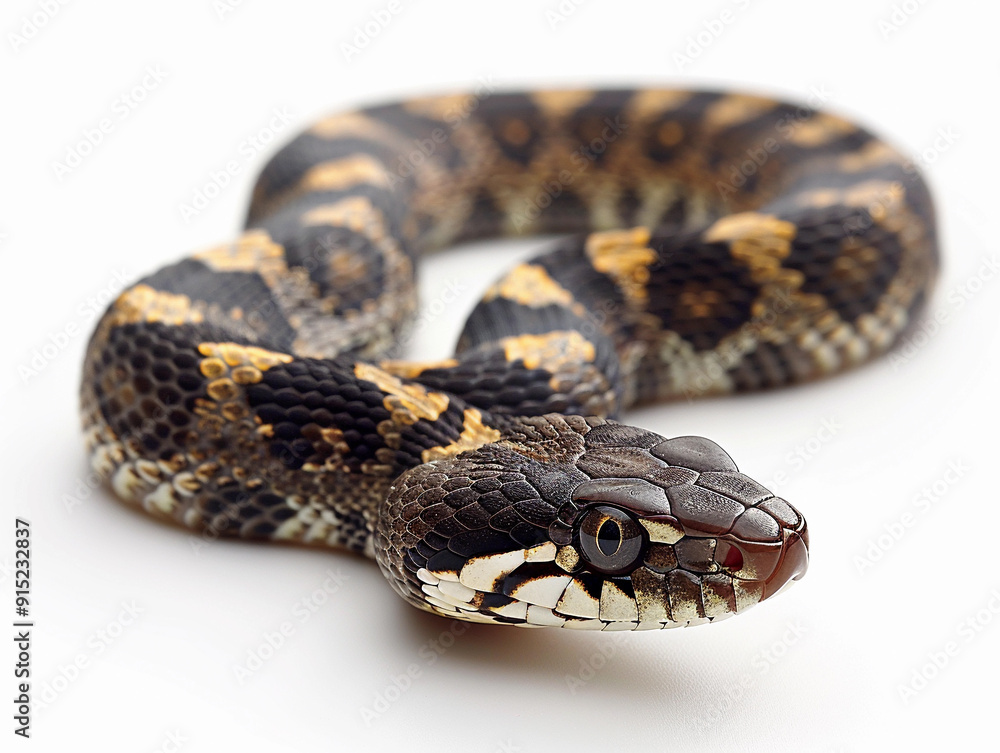 Poster a close-up view of a brown and black patterned snake on a plain background