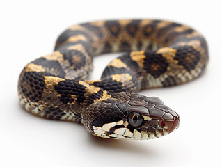 Fototapeta premium A close-up view of a brown and black patterned snake on a plain background