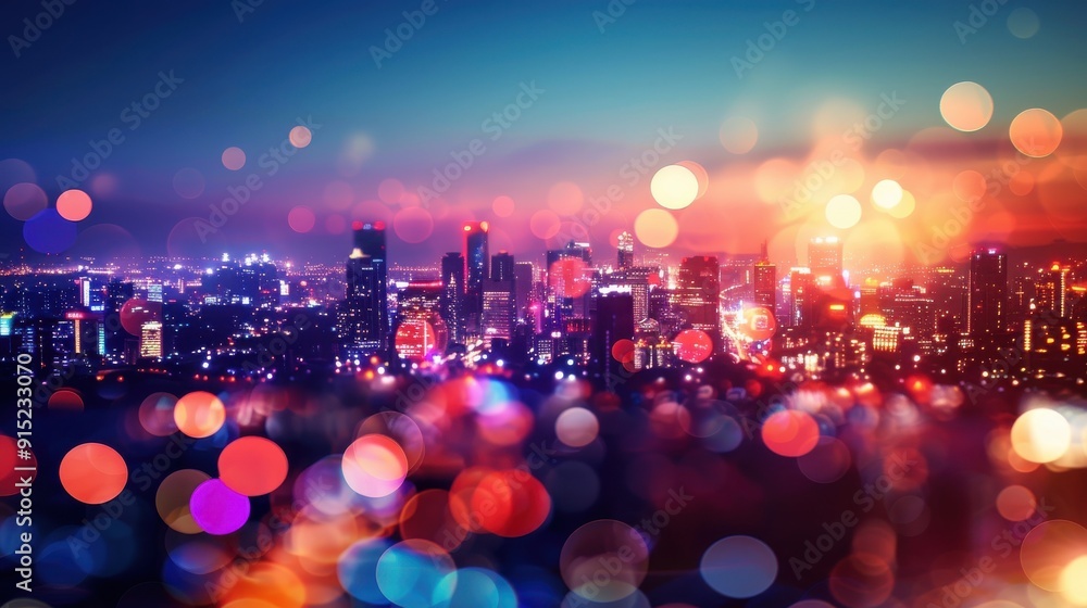 Aufkleber a nighttime view of a city skyline with buildings lit up and a blurred, colorful bokeh effect of lig
