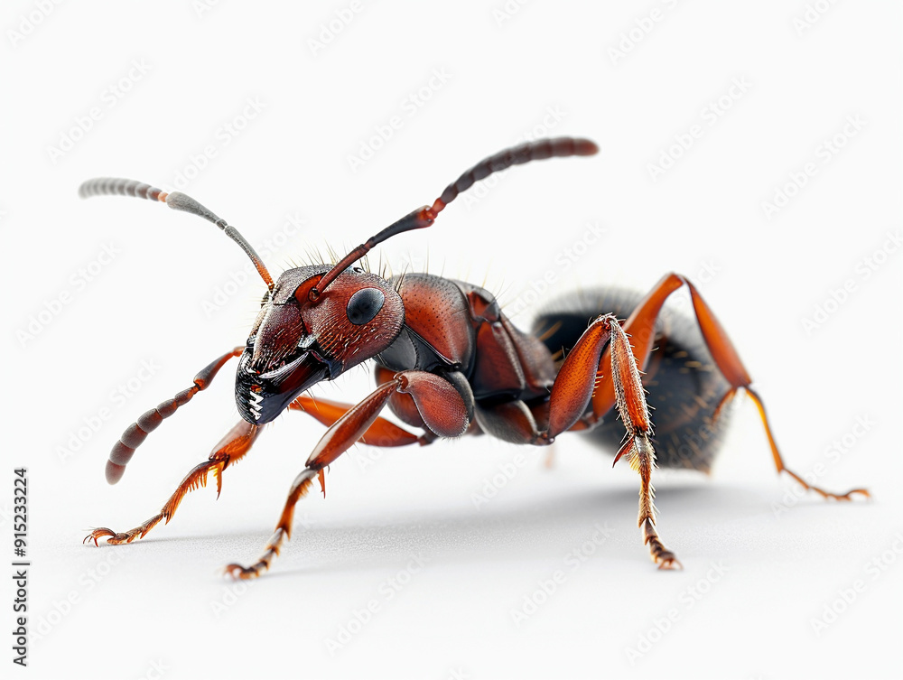 Poster close-up of a red ant showcasing detailed body structure on a plain background