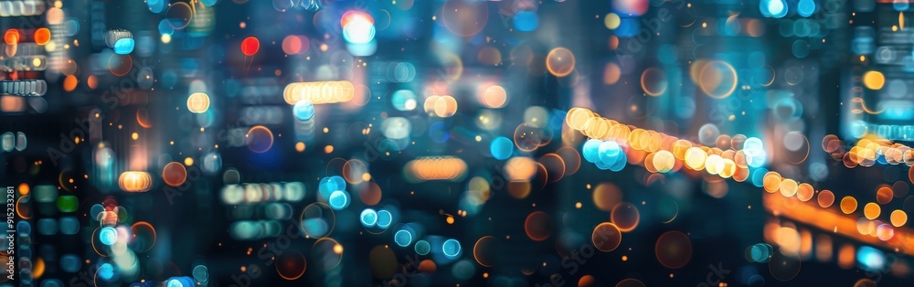 Aufkleber a vibrant abstract cityscape at night, with blurred lights and bokeh effects creating a sense of mov