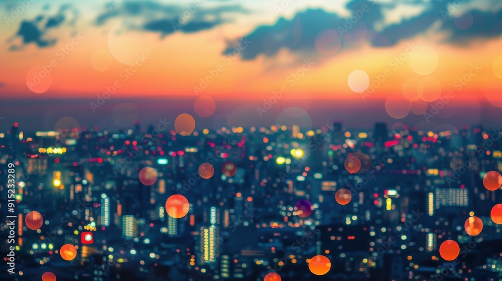 Poster a blurred image of a city skyline at sunset, with many colorful bokeh lights reflecting from the cit