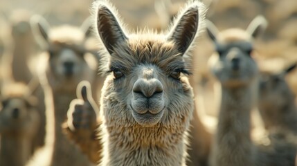 Fototapeta premium Close-up of a smiling llama with a blue background, perfect for quirky and fun designs.