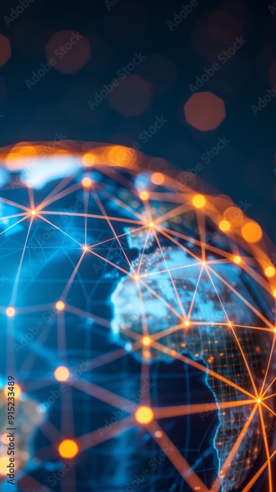 Poster global network connectivity - illuminated earth globe with connecting lines and glowing nodes repres