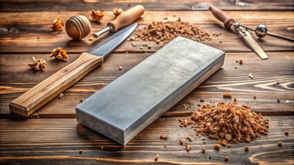A worn, rectangular whetstone with a smooth grey surface and worn edges sits on a rustic wooden table amidst scattered metal shavings and tools.