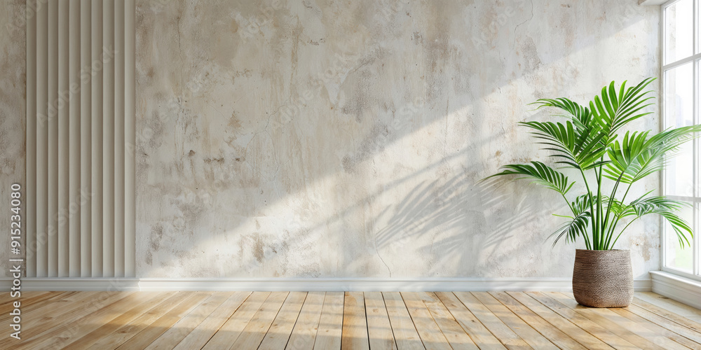 Aufkleber empty room with sunlight casting shadows from window with plant in pot on white wall background