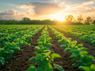 Young green plants growing in a field at sunset