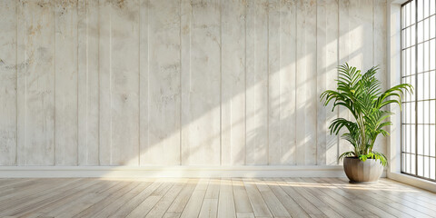Sunlight shining through window in minimalist room with plant